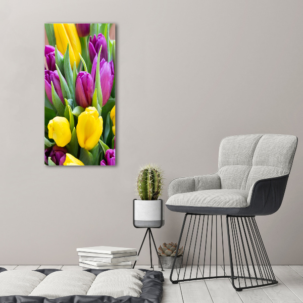 Glasbild vertikales Bunte Tulpen