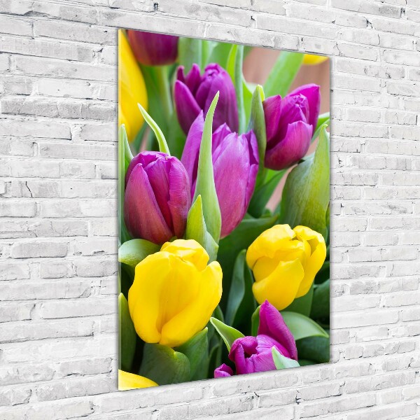 Glasbild vertikales Bunte Tulpen