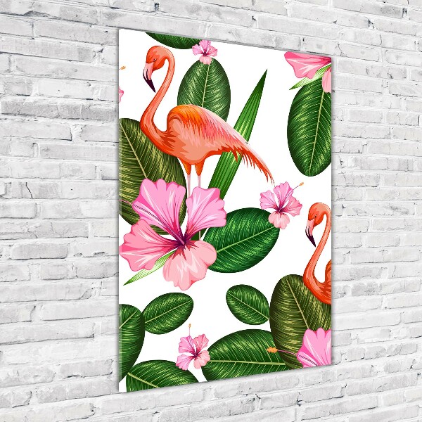 Foto auf glas vertikales Flamingos und Blumen