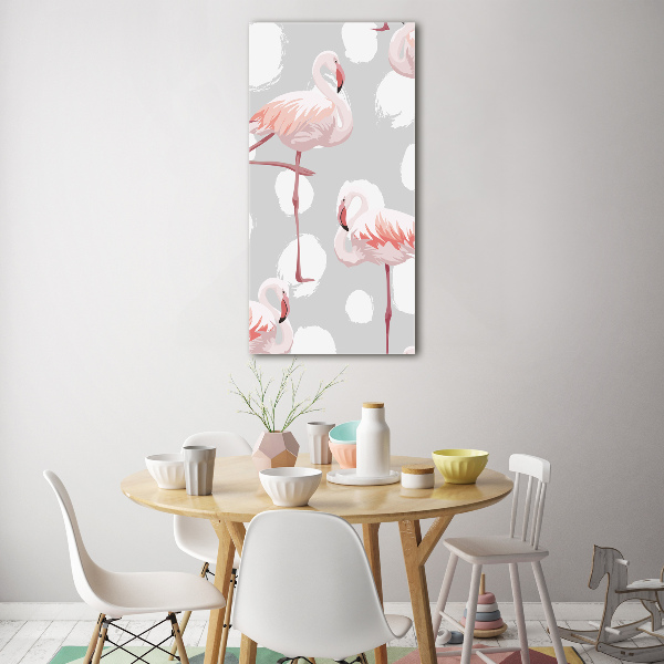 Glasbild vertikales Flamingos und Punkte