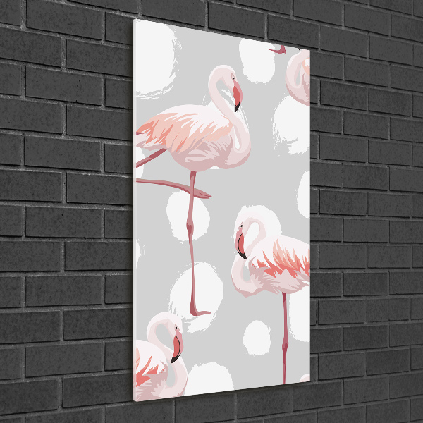 Glasbild vertikales Flamingos und Punkte