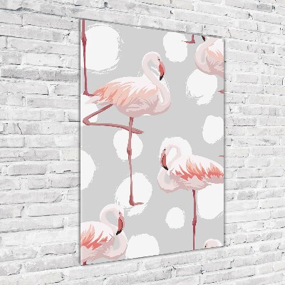 Glasbild vertikales Flamingos und Punkte