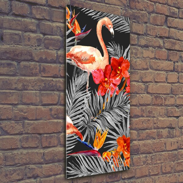 Glasbild vertikales Flamingos und Blumen