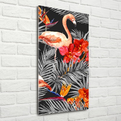 Glasbild vertikales Flamingos und Blumen