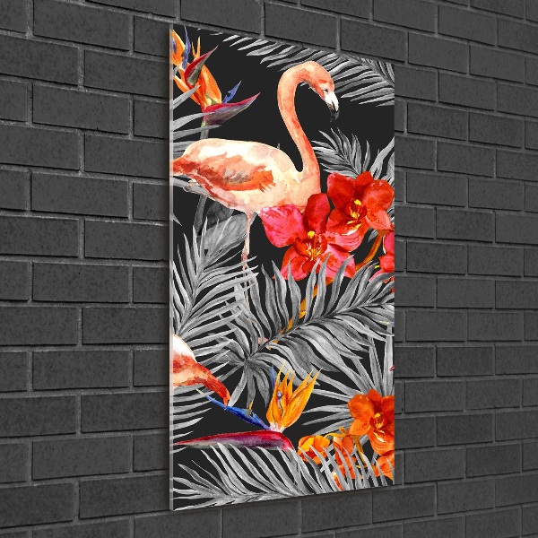 Glasbild vertikales Flamingos und Blumen