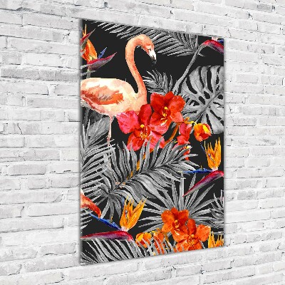 Glasbild vertikales Flamingos und Blumen