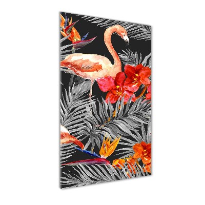 Glasbild vertikales Flamingos und Blumen