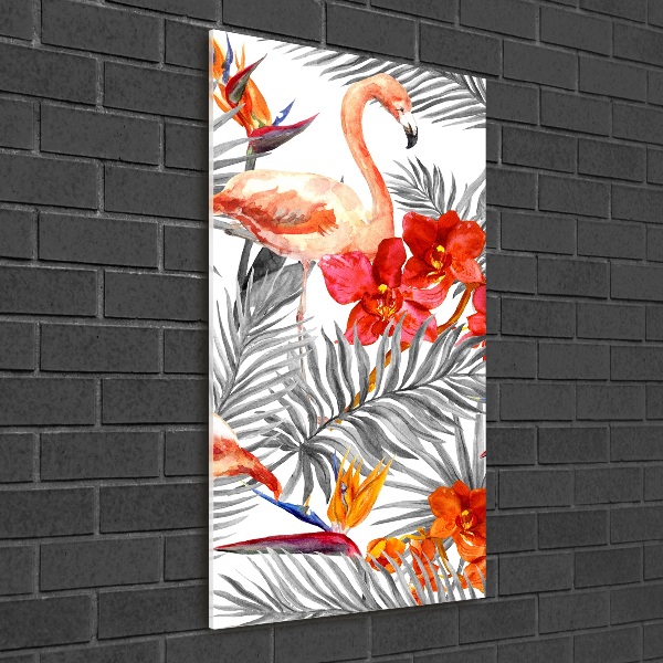 Bild aus glas vertikales Flamingos und Blumen