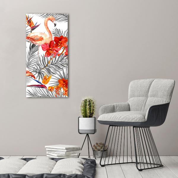 Bild aus glas vertikales Flamingos und Blumen