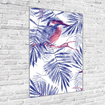Foto auf glas vertikales Palmenblätter und ein Vogel