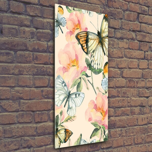 Foto auf glas vertikales Rosen und Schmetterlinge