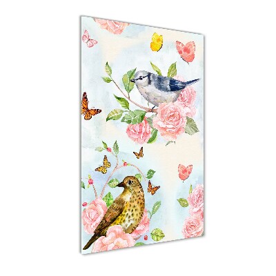 Glasbild vertikales Vögel, Schmetterlinge, Rosen