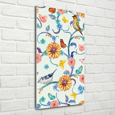 Bild aus glas vertikales Vögel, Schmetterlinge, Blumen