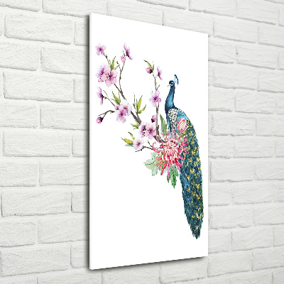 Foto auf glas vertikales Pfau und Blumen
