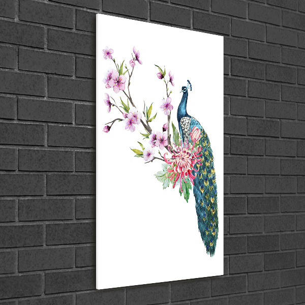 Foto auf glas vertikales Pfau und Blumen