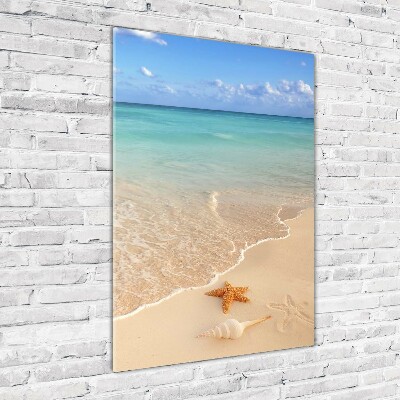 Glasbild vertikales Seesterne am Strand
