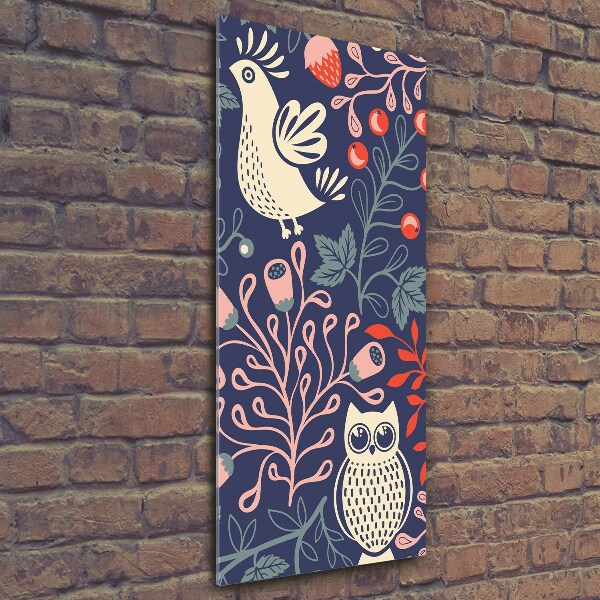 Glasbild vertikales Hahn, Henne, Eule