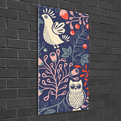 Glasbild vertikales Hahn, Henne, Eule