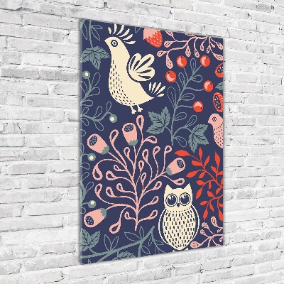 Glasbild vertikales Hahn, Henne, Eule