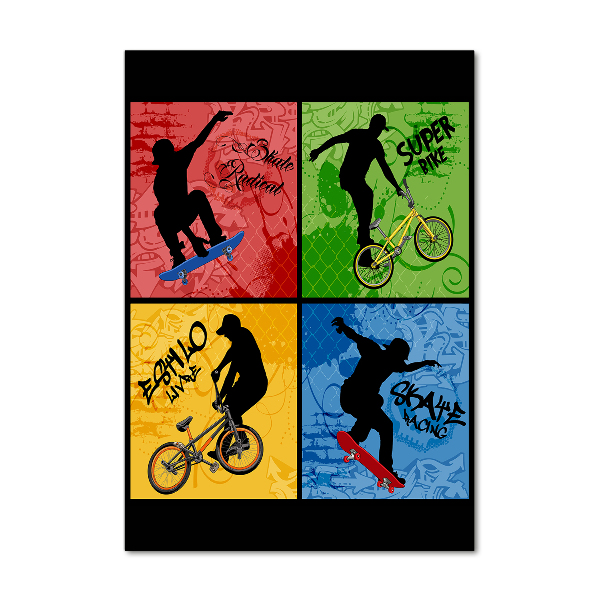 Glasbild vertikales Fahrrad und Skateboard