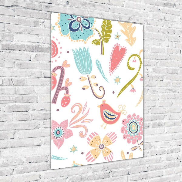 Glasbild vertikales Pflanzen und Vögel