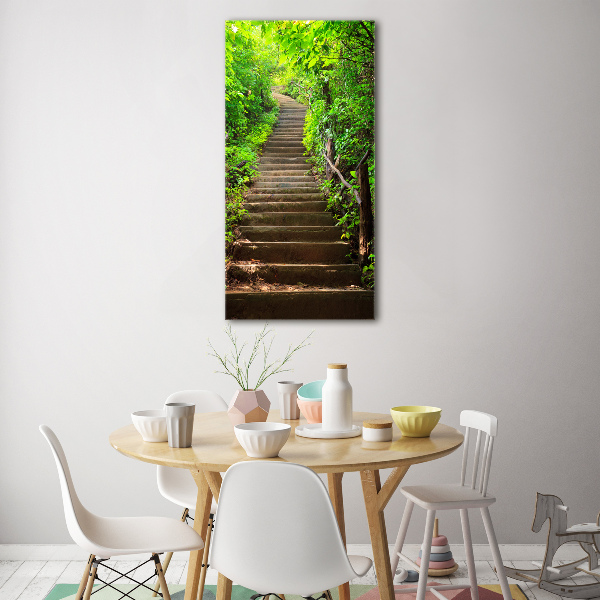 Glasbild vertikales Treppe zum Wald