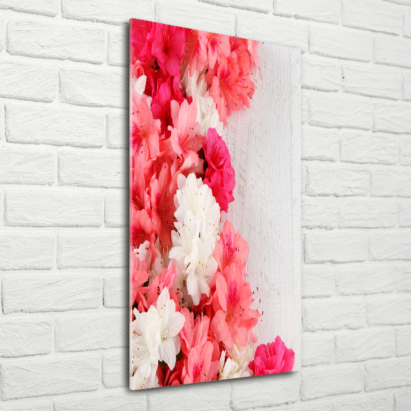 Glasbild vertikales Blumen auf Holz