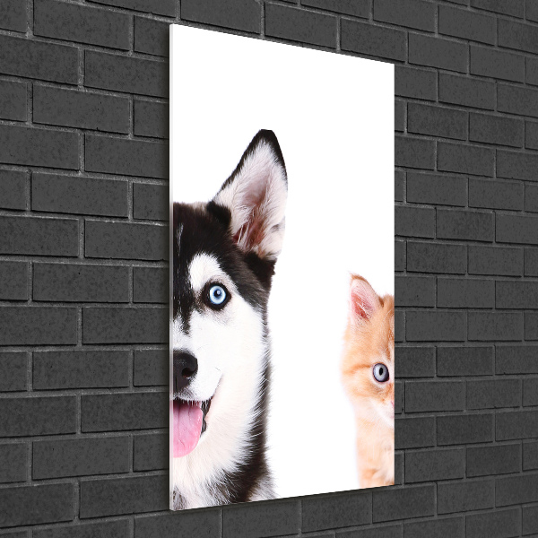 Glasbild vertikales Hund und Katze