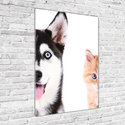 Glasbild vertikales Hund und Katze