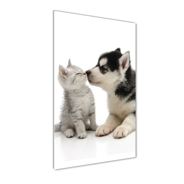 Glasbild vertikales Hund und Katze