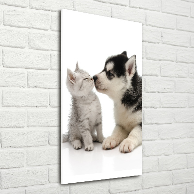 Glasbild vertikales Hund und Katze