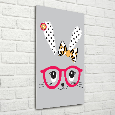 Glasbild vertikales Kaninchen mit Brille