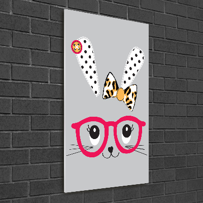 Glasbild vertikales Kaninchen mit Brille