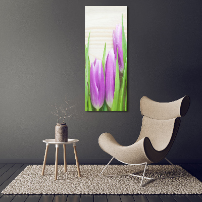 Glasbild vertikales Lila Tulpen