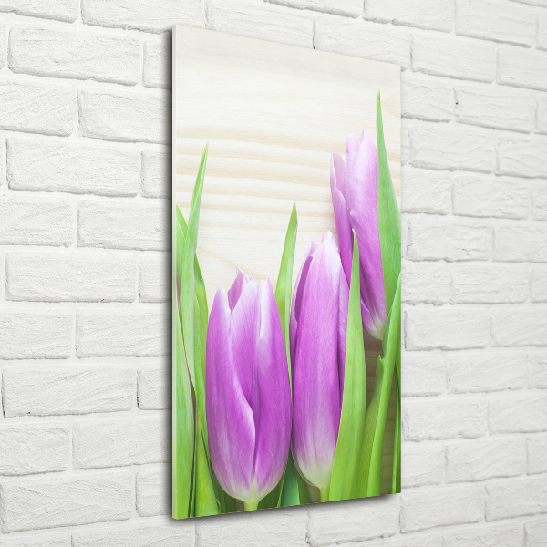 Glasbild vertikales Lila Tulpen