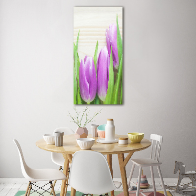 Glasbild vertikales Lila Tulpen
