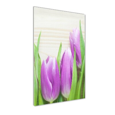 Glasbild vertikales Lila Tulpen