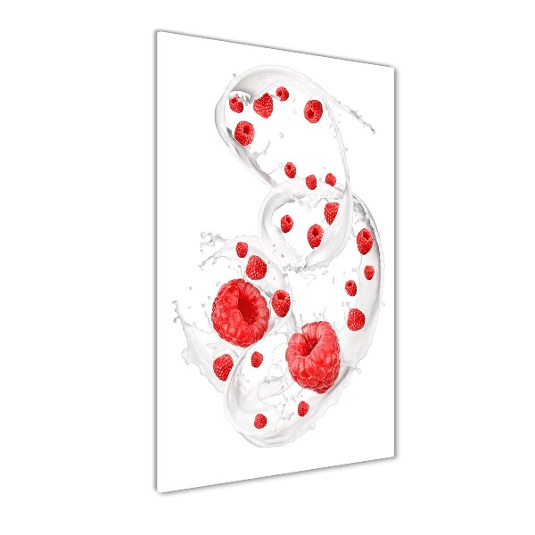 Glasbild vertikales Milch und Himbeeren