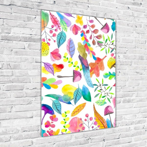 Glasbild vertikales Blätter und Pilze