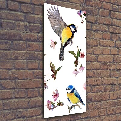 Glasbild vertikales Vögel und Blumen