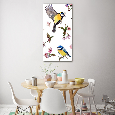 Glasbild vertikales Vögel und Blumen