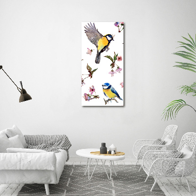 Glasbild vertikales Vögel und Blumen