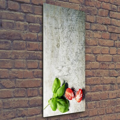 Glasbild vertikales Tomaten und Basilikum