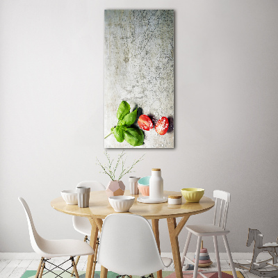 Glasbild vertikales Tomaten und Basilikum