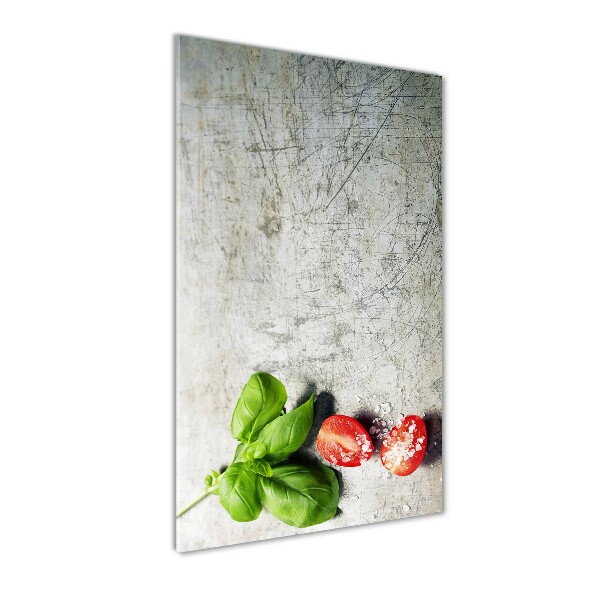 Glasbild vertikales Tomaten und Basilikum
