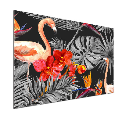 Glasrückwand für die küche Flamingos und Blumen