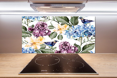 Platte für Küchenrückwand Blumen und Vögel