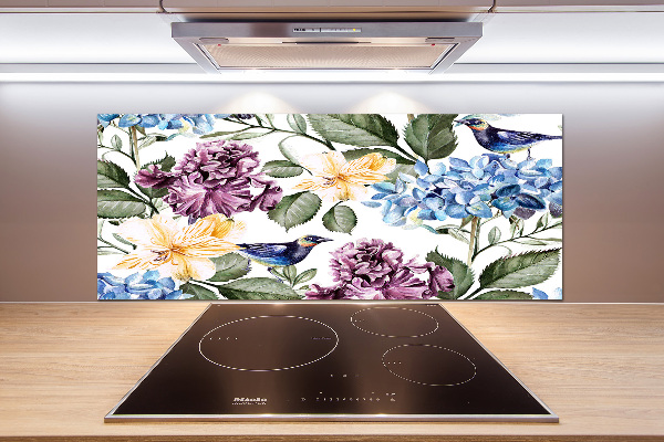 Platte für Küchenrückwand Blumen und Vögel