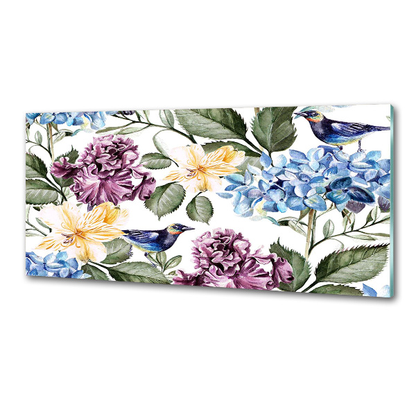 Platte für Küchenrückwand Blumen und Vögel