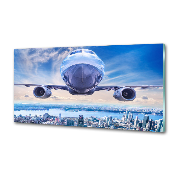 Küchen wandpaneel Ein Flugzeug über der Stadt